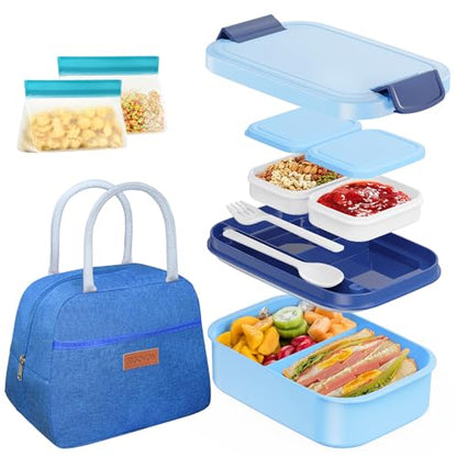 JBGOYON 4-in-1 Bento Box and Insulated Lunch Bag Set, Blue | 6-hour insulation, 7.5 L lunch bag, leakproof 1.9 L container with 2 sauce cups, fork and spoon, 2 snack bags, BPA-fre - color: Blue