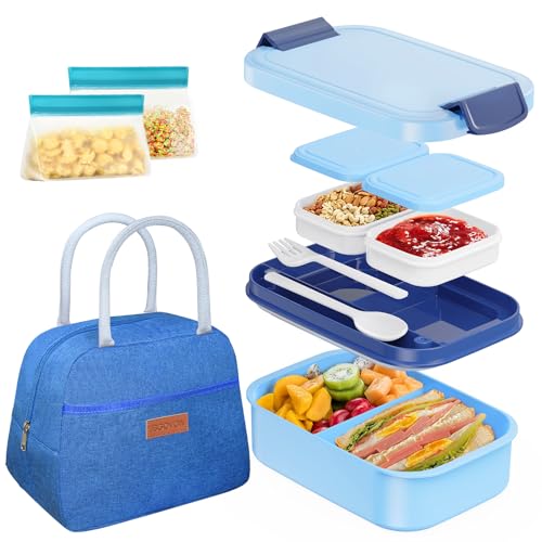JBGOYON 4-in-1 Bento Box and Insulated Lunch Bag Set, Blue | 6-hour insulation, 7.5 L lunch bag, leakproof 1.9 L container with 2 sauce cups, fork and spoon, 2 snack bags, BPA-fre - color: Blue