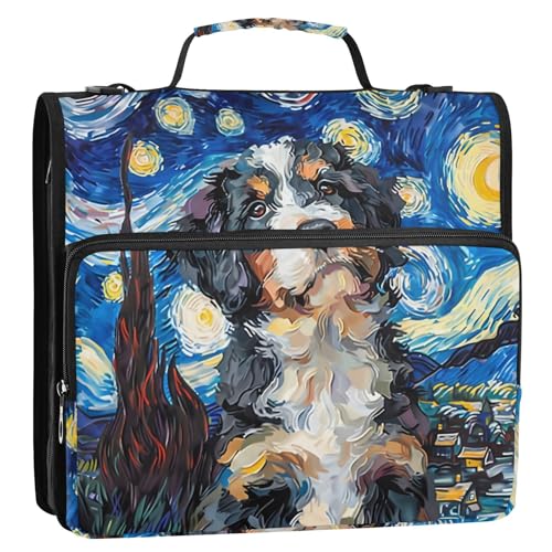 3 Ring Zipper Binder with Shoulder Strap Bernedoodle Dog Starry Night 1.5 inch Binders Keeper Large Capacity Multi Pockets for School Office Supplies - color: Multi477, size: Fit 500 Sheets