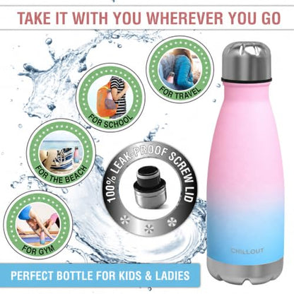 CHILLOUT LIFE 12oz Kids Insulated Stainless Steel Water Bottle, Leak Proof | Small Metal Water Bottle, Keeps Drinks Cold 24H & Hot 12H, Leak-Proof Screw Lid, Perfect for School, Travel & Sports - color: Cotton Candy