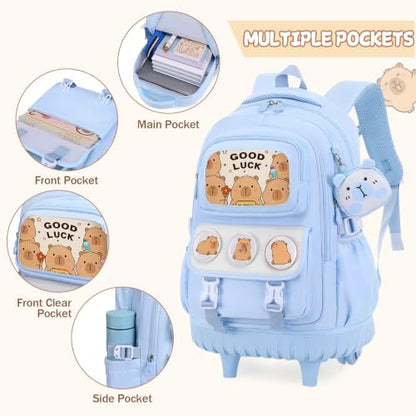 Capybara Rolling Backpack for Girls - 3PCS Girls Backpack Kids Suitcase with Lunch Box & Pencil Case Travel - Capybara Backpack with Wheels for Kindergarten Preschool Elementary (Blue) - color: Blue