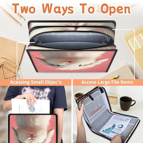 Rabbit Pink Zipper Binder, 3 D-Ring Expanding File Folder with Handle & Adjustable Shoulder Strap, 400 Sheets Capacity Multi-Pocket Organizer for 13 Inch Laptop - color: Rabbit Pink