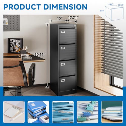 BYNSOE 4 Drawer File Cabinet with Lock Metal Vertical File Cabinet Office Home Vertical File Cabinet for A4 Legal/Letter Size Narrow File Cabinet Locked,Assembly Required (Black, 4 Drawers- Vertical) - color: Black, size: 4 Drawers