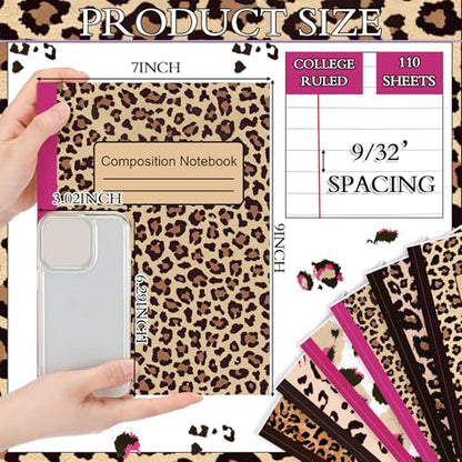 MotiMind 6 Pcs Leopard Print Composition Notebook College Ruled Back to School Cheetah Print Wide Ruled Composition Book 110 Page 7-1/2" x 9-3/4" Hot Pink Aesthetic Notebook for Teacher Class Office - style: Leopard Print