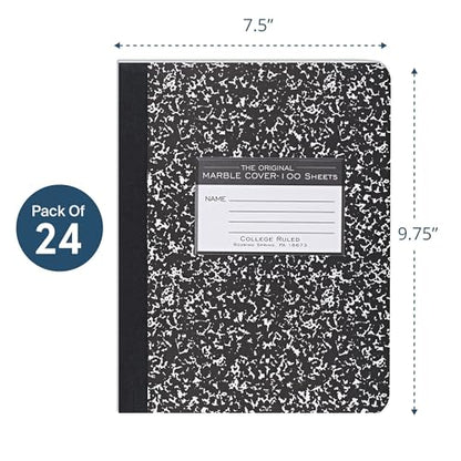 ROARING SPRING Hard Cover Composition Notebook, 24 Pack, Black Marble Comp Book, 9.75″ x 7.5″, College-Ruled with Margin, 100 Sheets (200 Pages) - size: 9.75" x 7.5", style: 24 Pack - College-Ruled - 100 Sheets - Black Marble