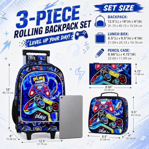 CCJPX 18" Gamer Rolling Backpack for Boys, 3PCS Kids Backpacks with Roller Wheels, Wheeled Bookbag with Lunch Box for Toddler Elementary School (Black) - color: Red Game