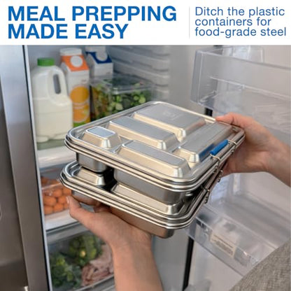 Stainless Steel Bento Box for Adults, 5 Compartment Leak-Resistant Lunch Box, Removable Silicone Seal, Snap Latch Lid, 4 Cup Metal Food Container with Utensil Section, Cerulean Blue