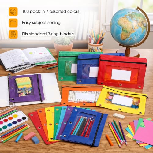 Zhehao 100 Pcs Zipper Binder Pencil Pouches:3 Ring Binder Pencil Pouches with Window Bulk Clear Pen Bags Case for Office School Classroom Supplies(Novel Color,Single Layer) - color: Novel Color, style: Single Layer