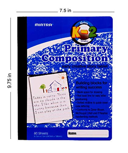 Mintra Primary Composition Notebook, 24 units 6-4 Pack, Blue Cover, 80 Sheets, 7.5in x 9.75in, 1/2 Sheet, Ruled with Drawing Area, Flexible Hardcover Journal, Grades K-2, School & Home Use - color: Primary Ruled, size: 24 units (6-4pks)
