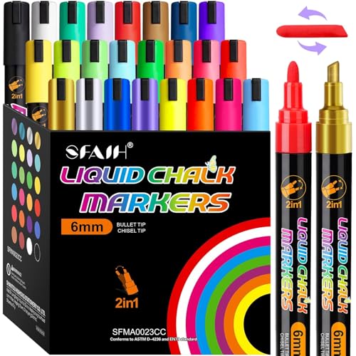 SFAIH 24 Vibrant Liquid Chalk Markers for Blackboard Glass[1s Wet Wipe No Residue]6mm Chalk Marker for Chalkboard, Calendar, Car Window Menus Labels LED Drawing Board, Non-Toxic Ideal for Bistro Home - color: 24 Colors
