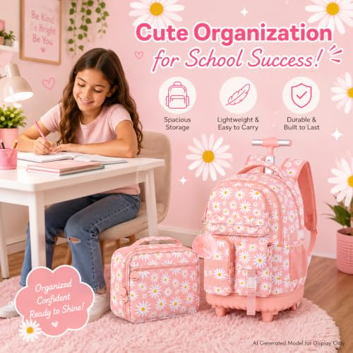 CCJPX 3Pcs Rolling Backpack for Girls, Roller Wheeled School Bookbag, Daisy Wheels Backpacks with Lunch Box for Kids (Pink) - color: Daisy Pink