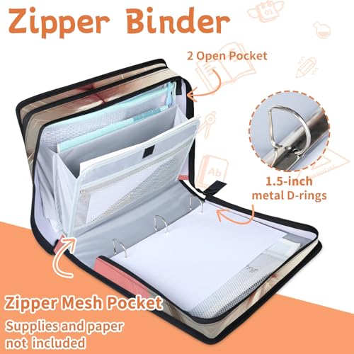 Rabbit Pink Zipper Binder, 3 D-Ring Expanding File Folder with Handle & Adjustable Shoulder Strap, 400 Sheets Capacity Multi-Pocket Organizer for 13 Inch Laptop - color: Rabbit Pink