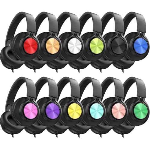 AILIHEN Headphones Wired 12-Pack Bulk for School Students Kids K-12 Classroom，Adjustable, Foldable, Over-Ear Headsets with Microphone HD Stereo Sound 3.5mm Jack for Chromebook, Laptop (Multicolor) - color: Multicolor