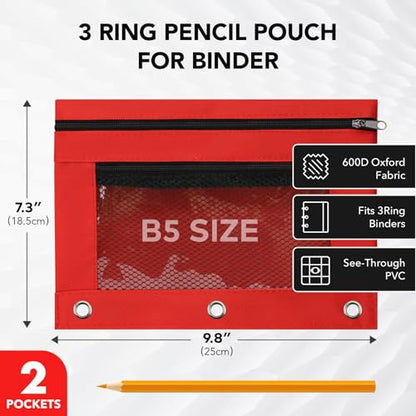 3 Ring Pencil Pouch for Binder, 2-Pocket Zipper Pencil Case with Clear Window & Mesh Pocket, 600D Oxford Fabric Binder Pouch for School Office Supplies, Fits Standard 3-Ring Binders, Red - color: Red