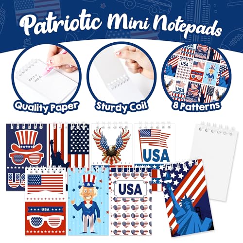 24Pcs Patriotic Mini Notepads, Red White Blue 4th of July Spiral Notebooks Bulk, USA American Pocket Memo Pads for Labor Day Veterans Day 250th anniversary Party Favors Gifts Office School Supplies - style: Patriotic