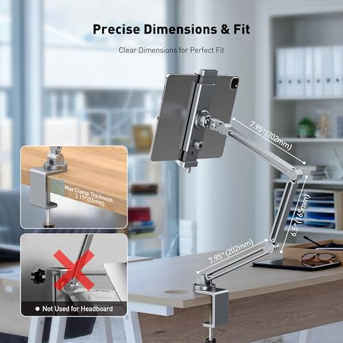 AboveTEK 2-in-1 iPad Stand for Desk, Aluminum iPad Holder Arm with Clamp & Magnetic Ring Head, 360° Adjustable Tablet Stand Holder, Bed Clamp Mount for 4.7"-13" iPads Air/Pro/Mini, Galaxy Tab & Phones