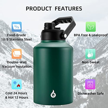 BJPKPK One Gallon(128 oz) Insulated Water Bottle, Dishwasher Safe Stainless Steel Jug, BPA Free Jug with Ergonomic Handle & Anti-slip Bottom, Large Water Bottle, Army Green - color: Army Green, style: 128oz