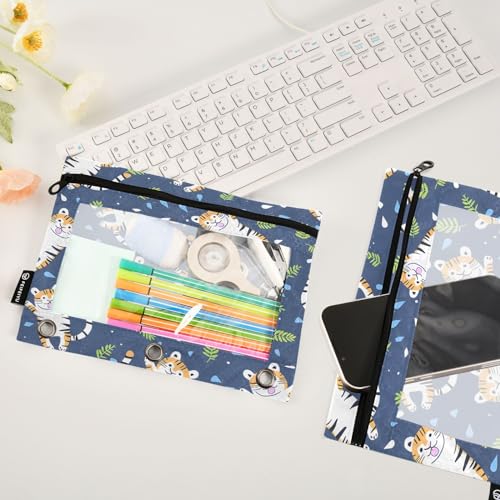 SUABO Tigers Pencil Pouch for 3 Ring Binder, 2 PCS Binder Pencil Pouch with Zipper, Clear Window Zipper Pencil Case Pencil Bags for Office Supplies - color: Tigers