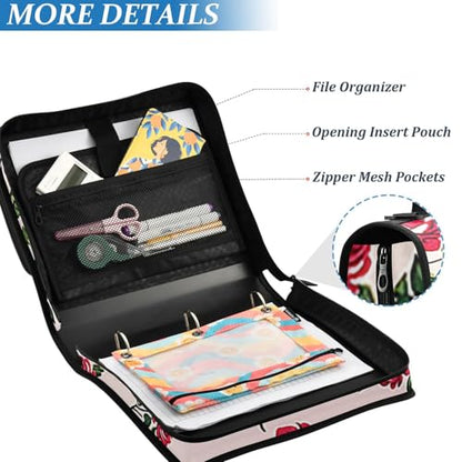 Pink Rose1 Zipper Binder 3 Ring 1.5 Inch School Binder Organizer with Shoulder Strap Handle File Folder Pockets Large Capacity Students Girl Boy Men Office Work - color: Pink Rose1