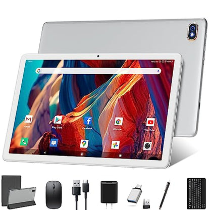 Tablet 10.1 Inch 128 Storage+1TB Expand 2 in 1 Android Tablets, Tablet with Keyboard Case Mouse, 5G Dual WiFi, GPS, Octa Core, HD Touchscreen,13MP Dual Camera, Bluetooth, 7000 mAh Battery -Silver