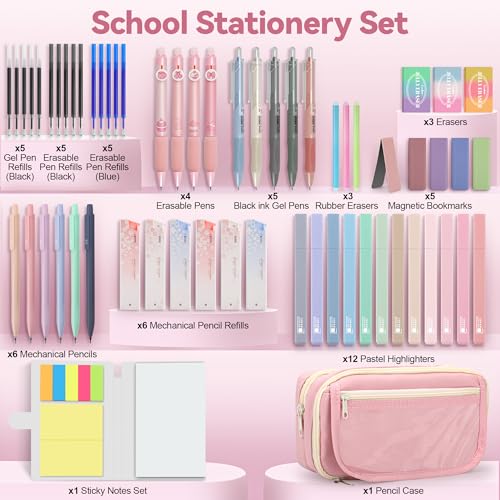 DazSpirit 61PCS Aesthetic College School Supplies Set with Cute Pencil Case | Pastel No Bleed Highlighters, Gel & Erasable Pens, Mechanical Pencils, Refills & Sticky Notes, Complete Stationery Kit - color: Pink