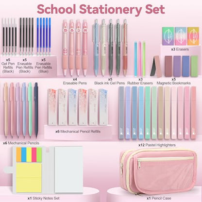 DazSpirit 61PCS Aesthetic College School Supplies Set with Cute Pencil Case | Pastel No Bleed Highlighters, Gel & Erasable Pens, Mechanical Pencils, Refills & Sticky Notes, Complete Stationery Kit - color: Pink