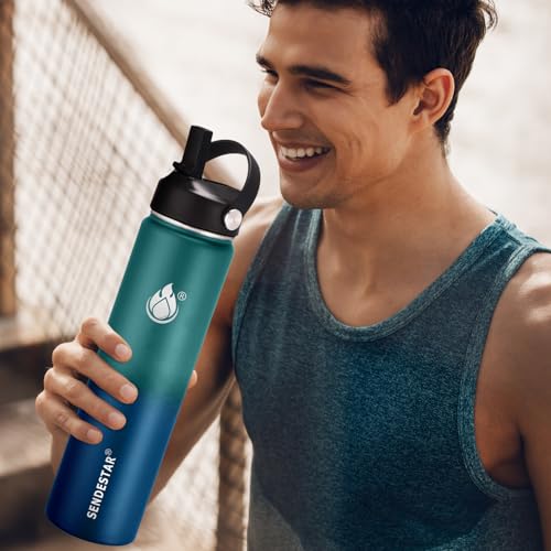 SENDESTAR Insulated Water Bottle 24 OZ, Wide Mouth 24 oz Water Bottle with Straw Lid, Spout Lid, Double Wall Vacuum Stainless Steel Leak Proof, Keeps Liquids Hot or Cold (Green & Blue) - color: Green & Blue, size: 24 Ounces