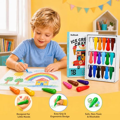 Jumbo Crayons for Toddlers 1-3, 18 Colors Easy-Grip & Unbreakable - Washable, Non-Toxic, Anti-Roll Art Supplies, Perfect First Crayons & Sensory Toy Gift for Ages 1-4