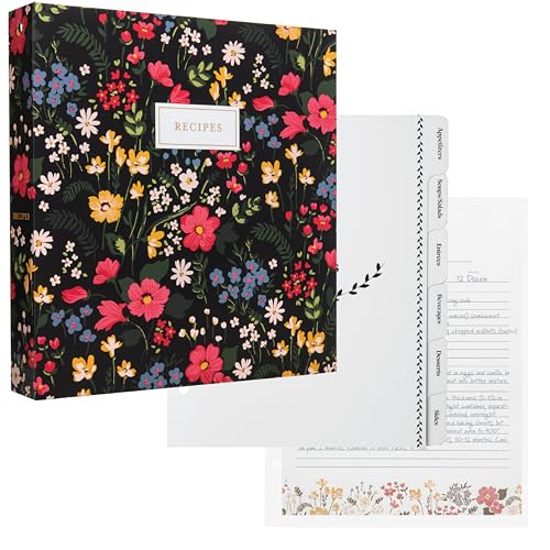 Jot & Mark 8.5"" x 11"" Sturdy 3 Ring Recipe Binder with Spill-Proof Clear | 50 Recipe Cards + 25 Sleeve Protectors + 5 Full-Page Sleeves + 6 Divider Tabs | 8.5x11 3-Ring - color: Midnight Bloom, size: 8.5" x 11"