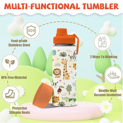 Animals Gifts for Kids - 18oz Animals Zoo Water Bottle with Straw Lid, Kids Stainless Steel Insulated Water Bottle, Leak Proof, BPA-Free, Giraffe Cup for School, Travel, Birthday Gift Cup for Teens - color: Zoo