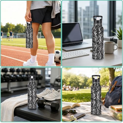Black Vines Insulated Water Bottle with Straw 20 oz,Silver Foil Stainless Steel Leak Resistant Double Wall Water Bottles with Handle for Gym Sports Travel Outdoor - color: Black Vines,Silver Foil