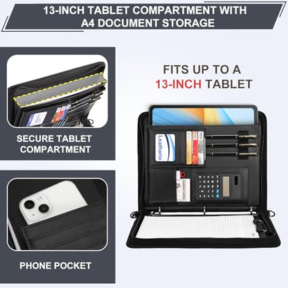 Leathario Portfolio Binder, Includes 10 Sheet Protectors and a Pen, 13 Inch Tablets Organizer, Vegan Leather A4 Padfolio, Multi-Pocket Notepad Business Planner Professional 3 Ring Document - color: Black-3 Ring