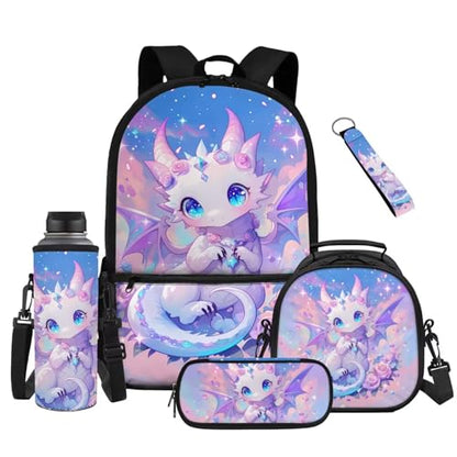 Kawaii Dragon 5 Piece Backpack Set for Kids with Lunch Bag Pencil Case and Water Bottle Holder School Bag for Elementary Middle School - color: Kawaii Dragon