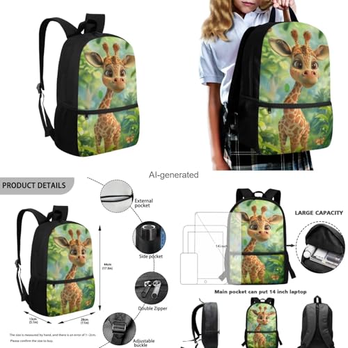 Giraffe Backpack for Girls Kids Backpack with Lunch Box Water Bottle Bag and Cute Pencil Case 4PCS Set Bookbag with Front Pocket for School 17 inch Lightweight School Bag for Elementary Girls - color: Cute Giraffe
