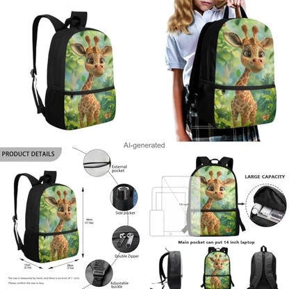 Giraffe Backpack for Girls Kids Backpack with Lunch Box Water Bottle Bag and Cute Pencil Case 4PCS Set Bookbag with Front Pocket for School 17 inch Lightweight School Bag for Elementary Girls - color: Cute Giraffe