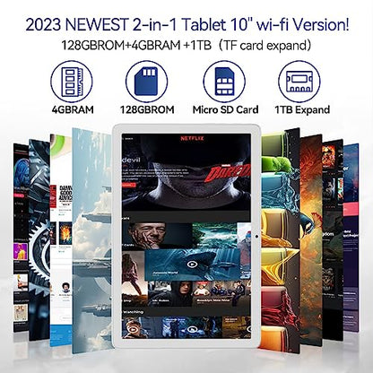 Tablet 10.1 Inch 128 Storage+1TB Expand 2 in 1 Android Tablets, Tablet with Keyboard Case Mouse, 5G Dual WiFi, GPS, Octa Core, HD Touchscreen,13MP Dual Camera, Bluetooth, 7000 mAh Battery -Silver