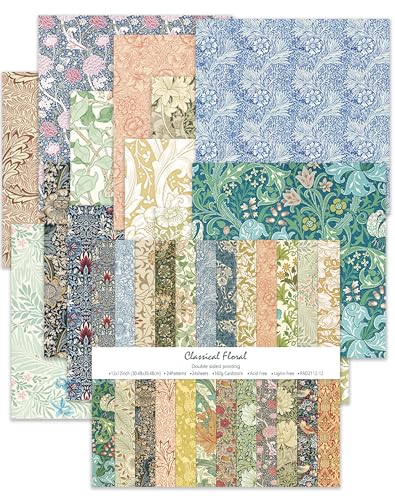 24 Sheets Scrapbook Paper 12" Double-Sided Photo Backdrop Bohemian Patterned (Floral Design J)