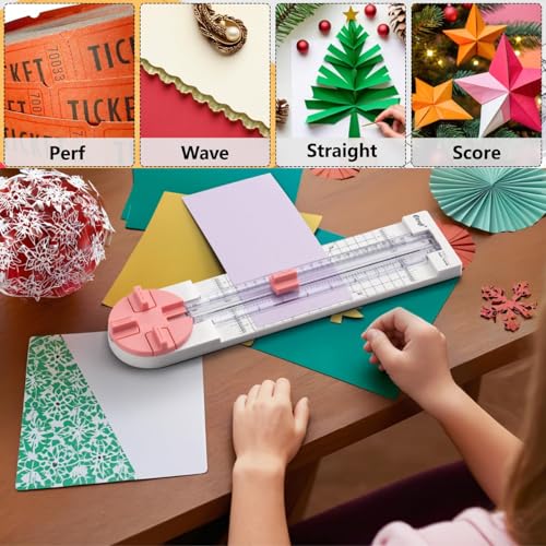 4 in 1 Paper Trimmer, Portable Safety Paper Cutter with Straight/Wave/Dotted/Scoring Blades, Mini Precision Craft Tool for Scrapbooking, Card Making, Photos, Kids DIY, School & Office(Blue)