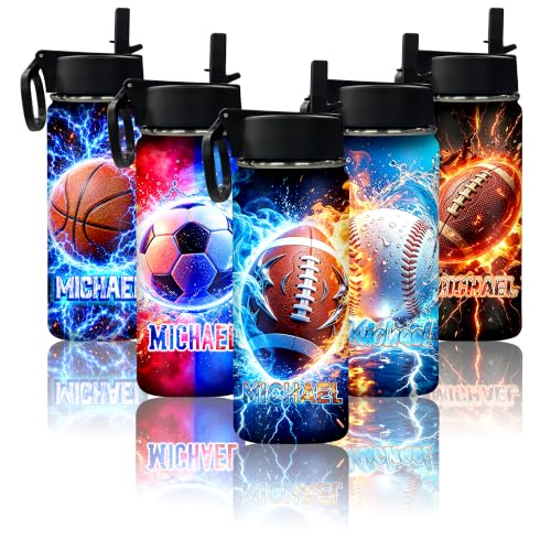 Personalized Water Bottles for Kids for School With Name Football Custom Insulated Stainless Steel Sports Water Bottle with Straw and Handle for Girls and Boys Straw Lid Back to School Christmas Gift - color: New Color 20