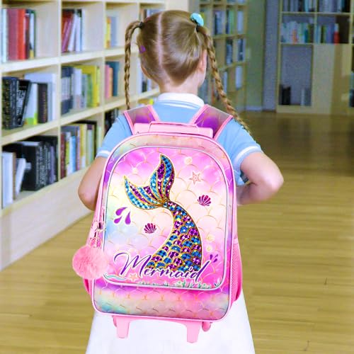 HPJGD 3PCS Mermaid Rolling Backpack for Girls, Kids School Backpacks with Wheels, Water Resistant UV Printed Roller Wheeled Bookbag Set with Lunch Box - color: 3PCS Mermaid Rolling Backpack
