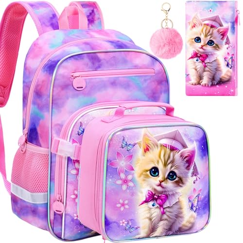 gxtvo 3PCS Girls Backpack, 16" Sequin Prechool Elementary Bookbag and Lunch Box - color: New Uv Printing Dr.cat Clip-on Backpack Pink