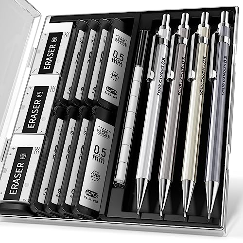 4PCS Metal Mechanical Pencil Set, 0.5mm Fine Point, Pack with Storage Case | 480 Leads, 3 Erasers+9 Refills, For School Writing, Sketching, Art Drawing & Professional Drafting - style: 0.5MM