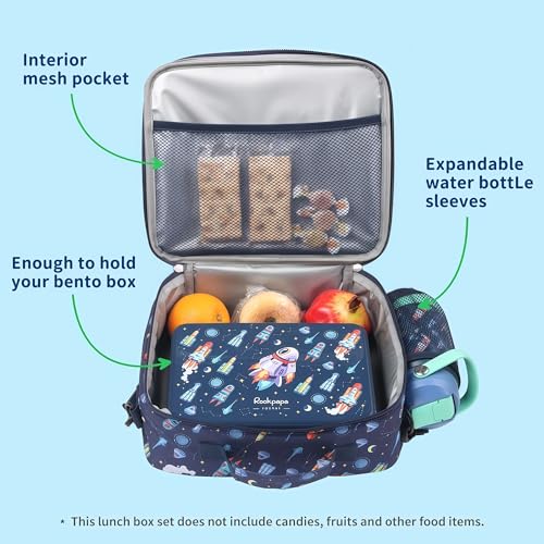rockpapa Kids Lunch Box Set with 14oz Insulated Water Bottle & Lunch Bag, Leakproof 5.5 Cups Bento Box for School & Children, BPA-Free, Microwave Safe for Boys Girls (Blue Rocket) - color: Blue Rocket