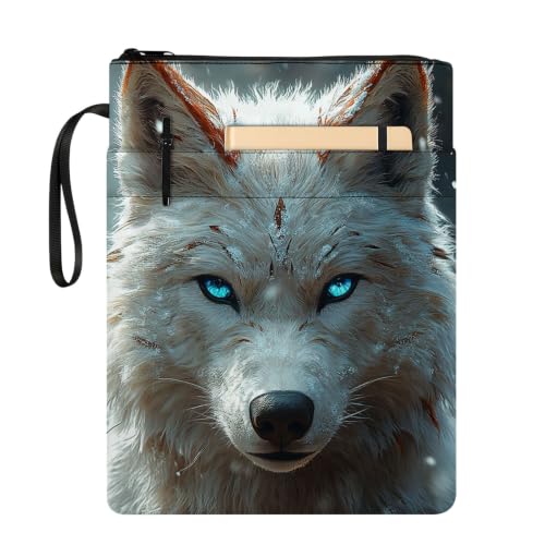 Padded Book Sleeve with Zipper & Front Pocket, Fabric Book Cover | Majestic White Wolf Ice Eyes11.4"x8.7" Washable Canvas Pouch for Hardcovers, Tablets & Reading Accessories - color: Majestic White Wolf Ice Eyes