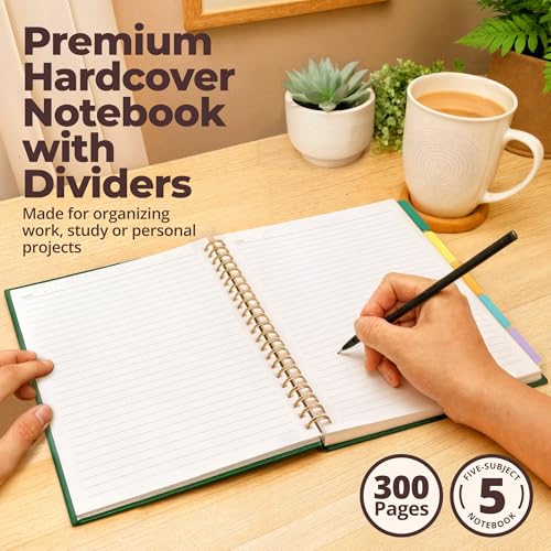 Hardcover Leather Lined Spiral Notebook 8x10" with Removable Dividers - Green - 300 Pages 5 Subject College Ruled Notebook for Work with Tabs, Pockets, and Pen Loop for Note Taking, Large Journal - color: Green