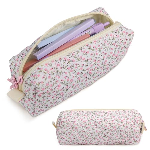 Cute Quilted Pencil Case for Girls Women, Aesthetic Small Floral Pencil Pouch,Slim Soft Pencil Bag for School Supplies Makeup Pouch for School & Daily Use (pink floral) - color: pink floral
