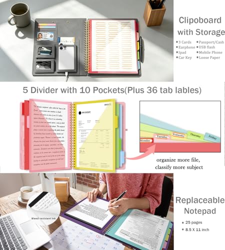 Grey Foldable Spiral Clipboard Folio with Storage Zipper Pouch, 5 Plastic Folders with Pockets,Refillable Lined Notepad (8.5" x 11"), Hardcover Project Organizer with 39 Stickers - color: Gray