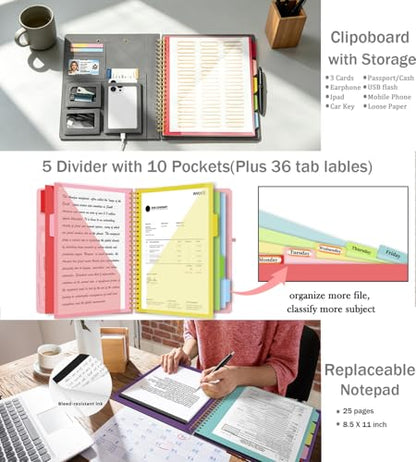 Grey Foldable Spiral Clipboard Folio with Storage Zipper Pouch, 5 Plastic Folders with Pockets,Refillable Lined Notepad (8.5" x 11"), Hardcover Project Organizer with 39 Stickers - color: Gray