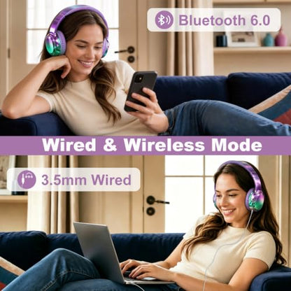 Joysico Wired and Wireless Headphones Over Ear for Kids Teen Girls Women | 85/94dB Volume Limit, Bluetooth 6.0, Mic, 60H Playtime, Foldable, Aux Cord for School Travel, Headset for iPhone iPad Tablets