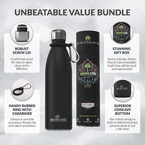 Greens Steel Stainless Steel Water Bottle - 25 oz, Black | Vacuum Insulated Double Wall with Screw Lid/Leak Proof | Thermal Travel Sports Canteen Coffee Flask - color: Black, size: 25 Ounces